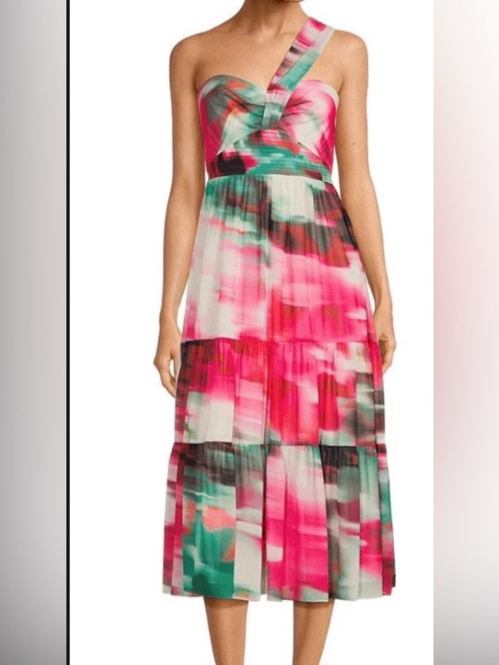 Badgley Mischka Pink Green Watercolor One-Shoulder Midi Dress
